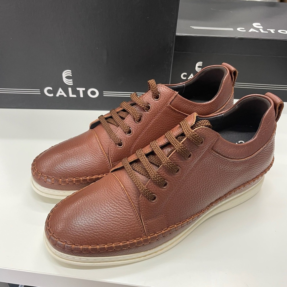 Calto S4313 Mens Brown Pebble Leather Elevator Sneakers Hidden Lift Shoes US 11